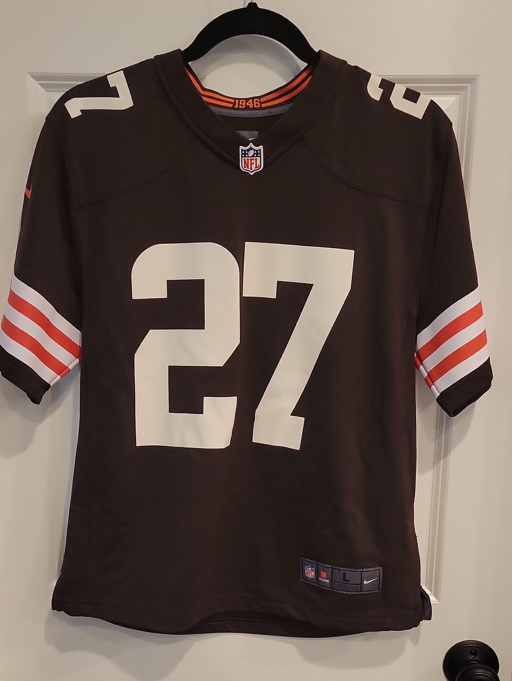 Nike Kid's Cleveland Browns Football Jersey with White #27 and Orange Accents
